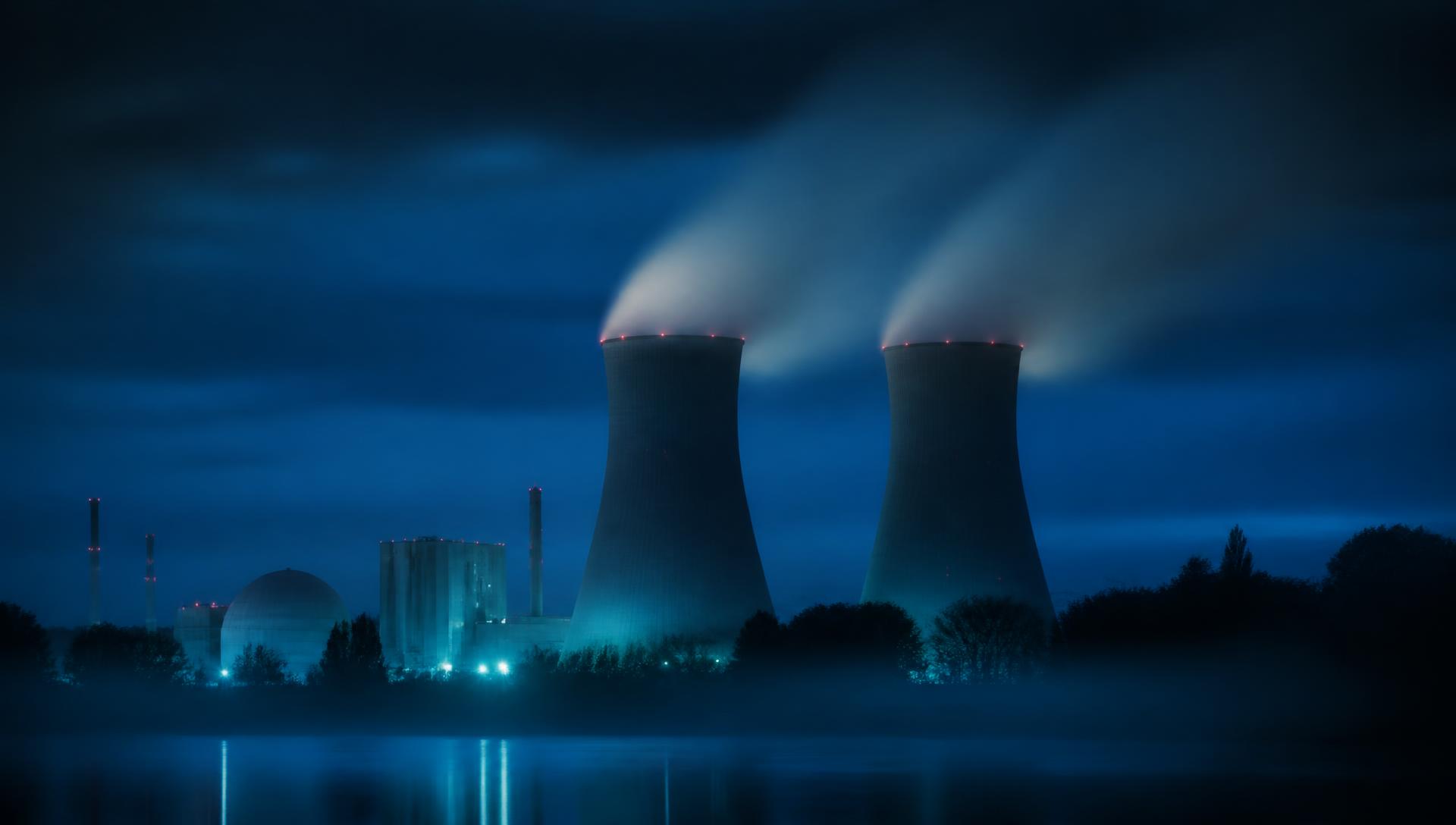 Nuclear generating station at blue hour with steam rising from cooling towers